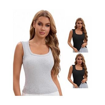 3 Packs Women's U-Neck Tank with Built-In Bras Ribbed Wide Straps Undershirt