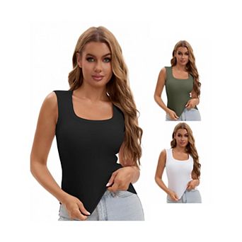 3 Packs Women's U-Neck Tank with Built-In Bras Ribbed Wide Straps Undershirt