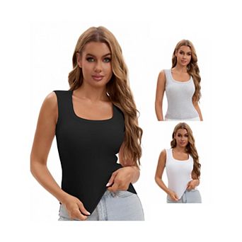 3 Packs Women's U-Neck Tank with Built-In Bras Ribbed Wide Straps Undershirt