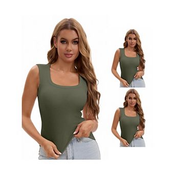 3 Packs Women's U-Neck Tank with Built-In Bras Ribbed Wide Straps Undershirt