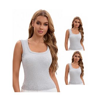 3 Packs Women's U-Neck Tank with Built-In Bras Ribbed Wide Straps Undershirt