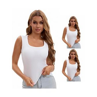 3 Packs Women's U-Neck Tank with Built-In Bras Ribbed Wide Straps Undershirt