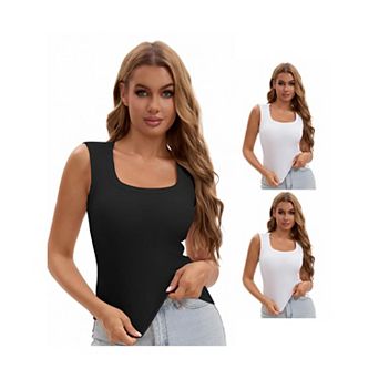 3 Packs Women's U-Neck Tank with Built-In Bras Ribbed Wide Straps Undershirt
