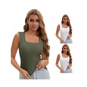 3 Packs Women's U-Neck Tank with Built-In Bras Ribbed Wide Straps Undershirt