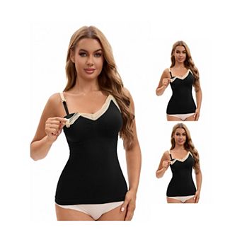 3 Packs Women's Lace V Neck Pregnancy Cami Built-In Bra Maternity Nursing Tank Top for Breastfeeding