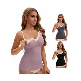 3 Packs Women's Lace V Neck Pregnancy Cami Built-In Bra Maternity Nursing Tank Top for Breastfeeding