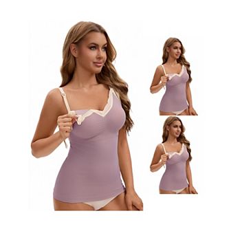 3 Packs Women's Lace V Neck Pregnancy Cami Built-In Bra Maternity Nursing Tank Top for Breastfeeding