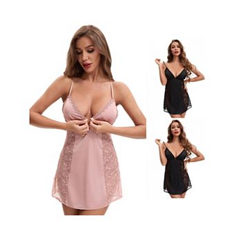 3 Packs Women's Lace Mesh Deep V Spaghetti Strap Cami Chemise with Bulit in Bra Plunge Full Slips