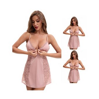 3 Packs Women's Lace Mesh Deep V Spaghetti Strap Cami Chemise with Bulit in Bra Plunge Full Slips