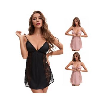 3 Packs Women's Lace Mesh Deep V Spaghetti Strap Cami Chemise with Bulit in Bra Plunge Full Slips