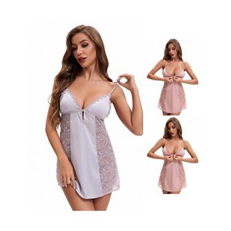 3 Packs Women's Lace Mesh Deep V Spaghetti Strap Cami Chemise with Bulit in Bra Plunge Full Slips