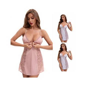 3 Packs Women's Lace Mesh Deep V Spaghetti Strap Cami Chemise with Bulit in Bra Plunge Full Slips