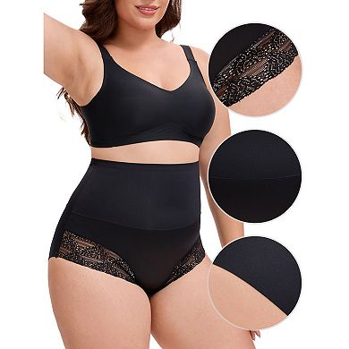 3 Packs Women's Lace Trimmed Briefs Underwear Tummy Control High Waisted Full Coverage Panties