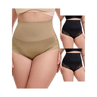 3 Packs Women's Lace Trimmed Briefs Underwear Tummy Control High Waisted Full Coverage Panties