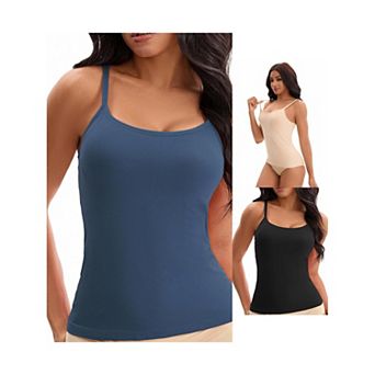 3 Packs Women's Spaghetti Straps Camisoles Built-In Bras Basic Breathable Sleeveless Undershirts