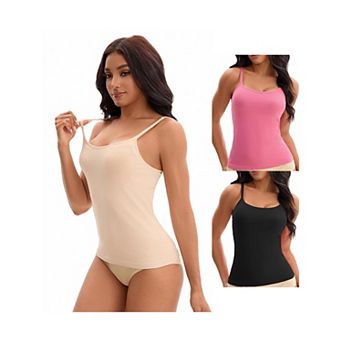 3 Packs Women's Spaghetti Straps Camisoles Built-In Bras Basic Breathable Sleeveless Undershirts