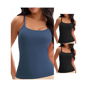 3 Packs Women's Spaghetti Straps Camisoles Built-In Bras Basic Breathable Sleeveless Undershirts