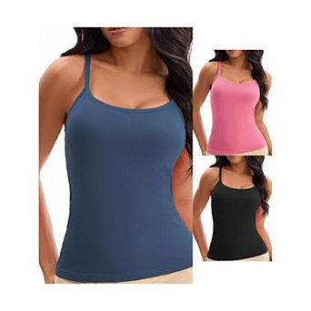 3 Packs Women's Spaghetti Straps Camisoles Built-In Bras Basic Breathable Sleeveless Undershirts