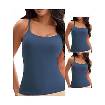 3 Packs Women's Spaghetti Straps Camisoles Built-In Bras Basic Breathable Sleeveless Undershirts