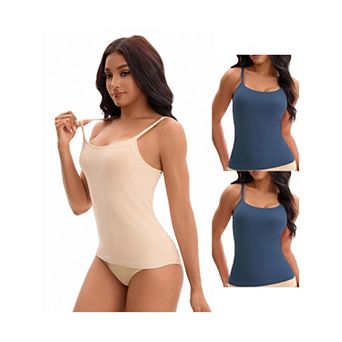 3 Packs Women's Spaghetti Straps Camisoles Built-In Bras Basic Breathable Sleeveless Undershirts