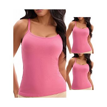 3 Packs Women's Spaghetti Straps Camisoles Built-In Bras Basic Breathable Sleeveless Undershirts