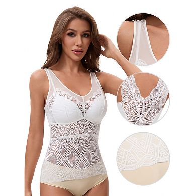 3 Packs Women's Lace Mesh V-Back Wide Strap Fixed Cup Tank Top Longline Light Breathable Camisoles