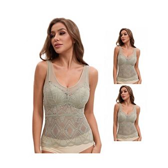 3 Packs Women's Lace Mesh V-Back Wide Strap Fixed Cup Tank Top Longline Light Breathable Camisoles
