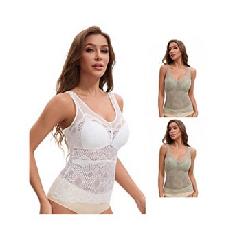 3 Packs Women's Lace Mesh V-Back Wide Strap Fixed Cup Tank Top Longline Light Breathable Camisoles
