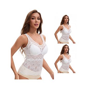 3 Packs Women's Lace Mesh V-Back Wide Strap Fixed Cup Tank Top Longline Light Breathable Camisoles