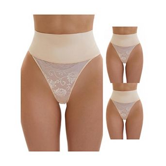 3 Packs Women's High Waisted Tummy Control Briefs Stretch Lace Firm Control Thong Shapewear