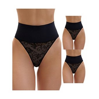 3 Packs Women's High Waisted Tummy Control Briefs Stretch Lace Firm Control Thong Shapewear