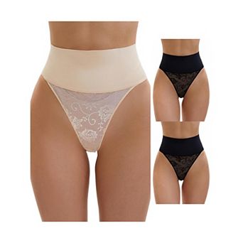 3 Packs Women's High Waisted Tummy Control Briefs Stretch Lace Firm Control Thong Shapewear