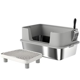 PawHut Stainless Steel Litter Box, High Sided Cat Litter Box with Scoop