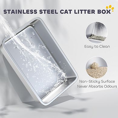 PawHut Stainless Steel Litter Box, High Sided Cat Litter Box with Scoop