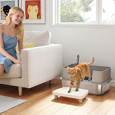 PawHut Stainless Steel Litter Box, High Sided Cat Litter Box with Scoop