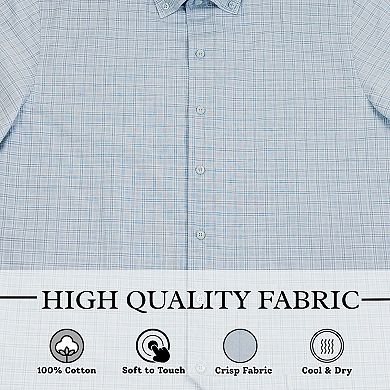 Men's Cotton Short-Sleeve Button-Down Shirt with Plaid Pattern