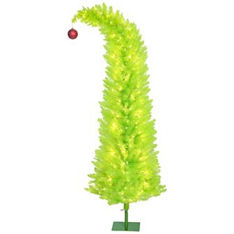 HOMCOM 6 ft Whimsical Christmas Tree with Bent Top, Prelit Pencil Xmas Tree