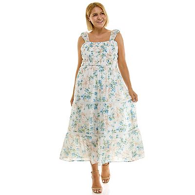 Juniors' Plus Size Lily Rose Smocked Lace Trim Maxi Dress, Girl's, Size: 3XL, Ivory Blue Sage