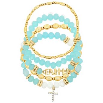 Emberly Gold Tone Cross Charm "FAITH" Beaded Stretch Bracelet Set