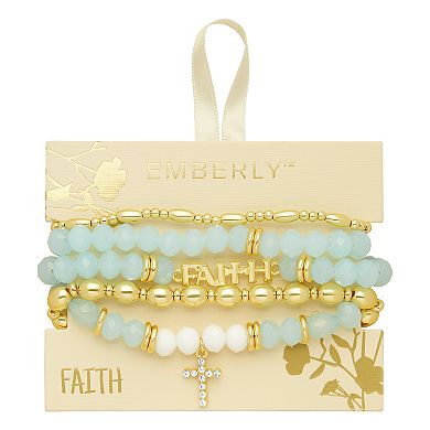 Emberly Gold Tone Cross Charm "FAITH" Beaded Stretch Bracelet Set