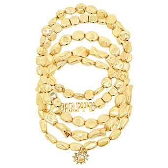 Emberly Gold Tone Sun Charm "HAPPY" Beaded Stretch Bracelet Set