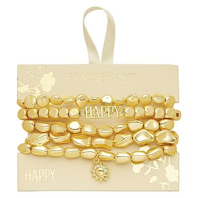 Emberly Gold Tone Sun Charm "HAPPY" Beaded Stretch Bracelet Set