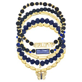 Emberly Gold Tone Butterfly Charm "BELIEVE" Beaded Stretch Bracelet Set