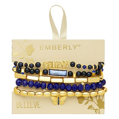 Emberly Gold Tone Butterfly Charm "BELIEVE" Beaded Stretch Bracelet Set