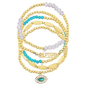 Emberly Gold Tone "BLESSED" Beaded Stretch Bracelet Set