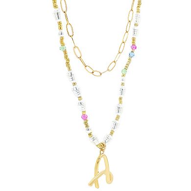 Emberly Gold Tone Paperclip Chain & Initial Pendant Multi-Color Beaded Necklace Set