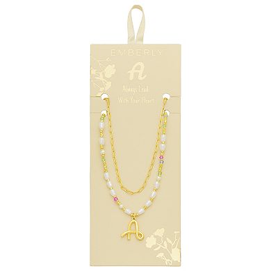 Emberly Gold Tone Paperclip Chain & Initial Pendant Multi-Color Beaded Necklace Set