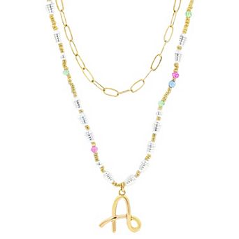 Emberly Gold Tone Paperclip Chain & Initial Pendant Multi-Color Beaded Necklace Set