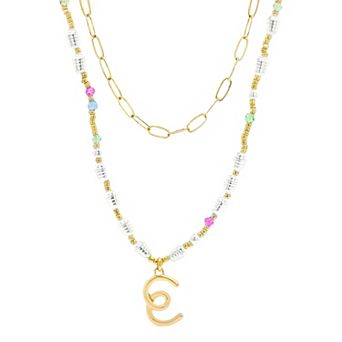 Emberly Gold Tone Paperclip Chain & Initial Pendant Multi-Color Beaded Necklace Set