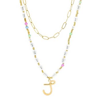 Emberly Gold Tone Paperclip Chain & Initial Pendant Multi-Color Beaded Necklace Set